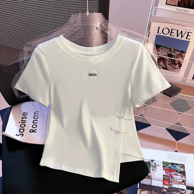 Нерегулярная футболка с короткими рукавами женская одежда 200 килограмм жир мм2024 лето универсальная облегающая и узкая разрез модные топы