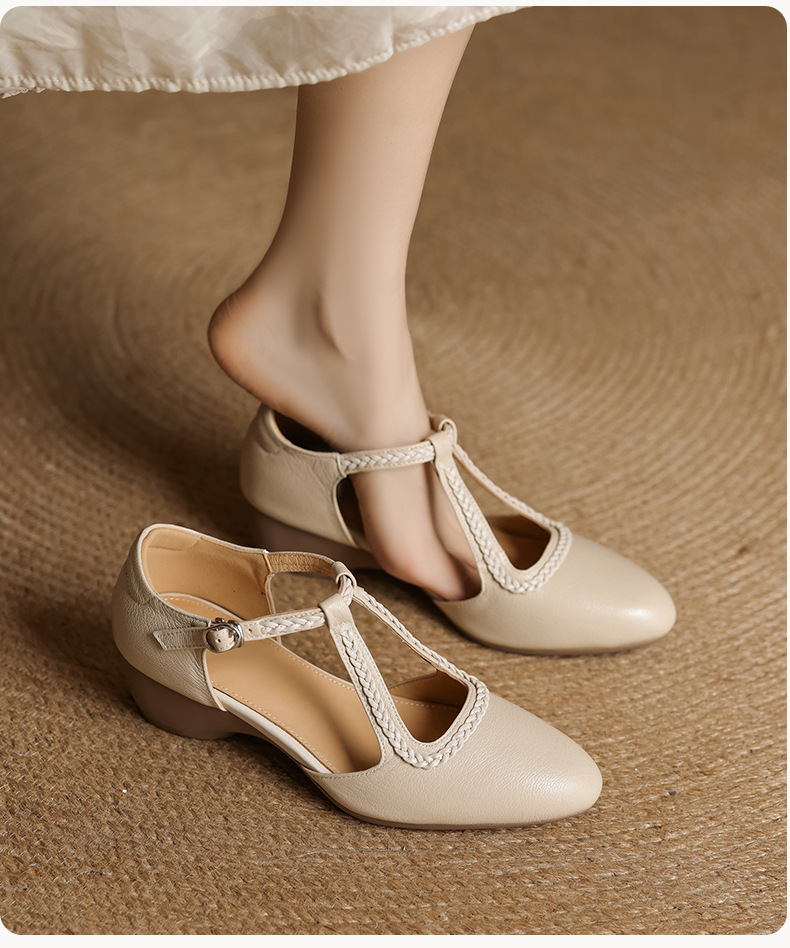 Sandal nữ quai ngang mũi nhọn da cừu đế xuồng gót 4.5 cm — nâu chi tiết 6