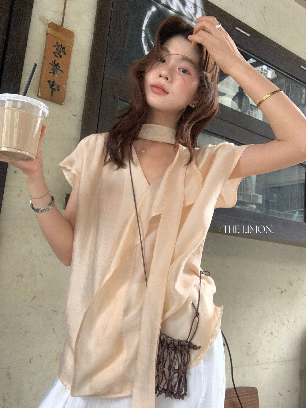 Áo sơ mi nữ linen cổ V tay dài phối dây rua, thiết kế thanh lịch mùa hè 2026 — Bột cam, xanh lá cây, màu xám, màu mơ chi tiết 25