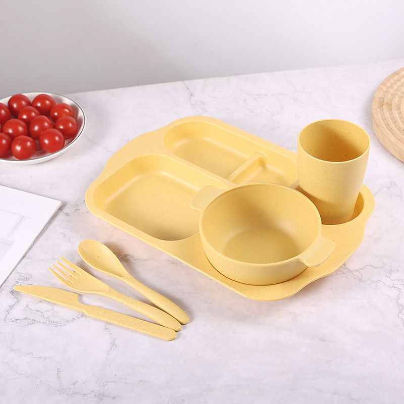 Plato de comedor para niños 24 piezas set de paja de trigo jardín de infantes anti-caída taza de plato de comedor cuchillo y tenedor cuchara set