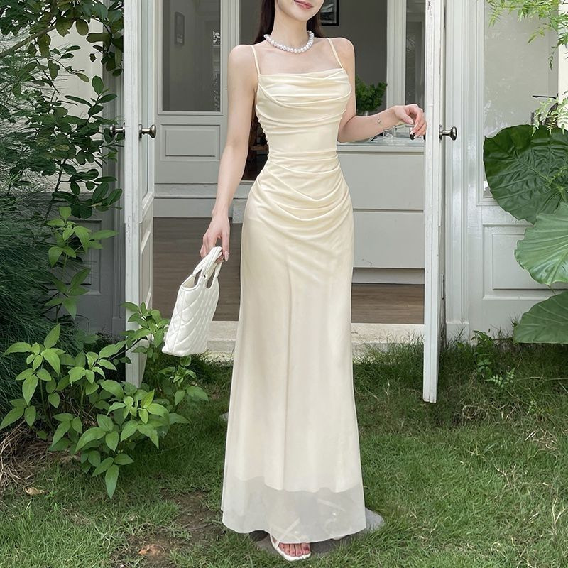 Sexy Swing-Neck Suspender Dress for Women, New Summer Style, High-End, Elegant, Mesh, Slim-Fitting Holiday Dress, Long Skirt