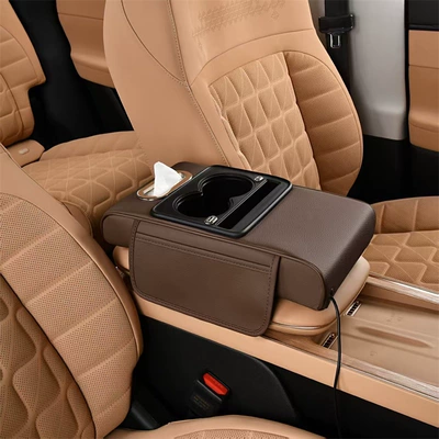 Box, Universal Car Tissue Box, Armrest box - brown-multifunctional-with-cup-holder-charging-model