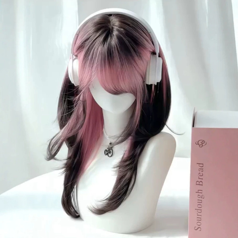 [No Need to Bring a Hairnet] Women's Wig with Bangs, Pink Version, Siamese Cat Style, Layered Long Straight Hair, Realistic Hair Full Wig