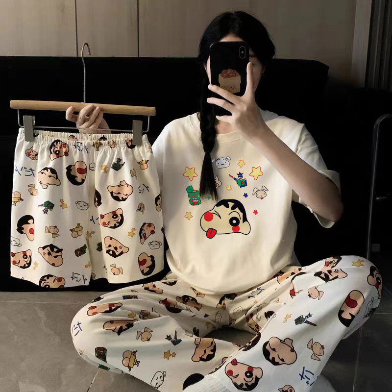 Crayon Shin-Chan Pajamas Women's Short-Sleeved Round Neck Loose Large Size Cartoon Imitation Cotton Soft and Comfortable Home Clothes Can Be Worn Outside