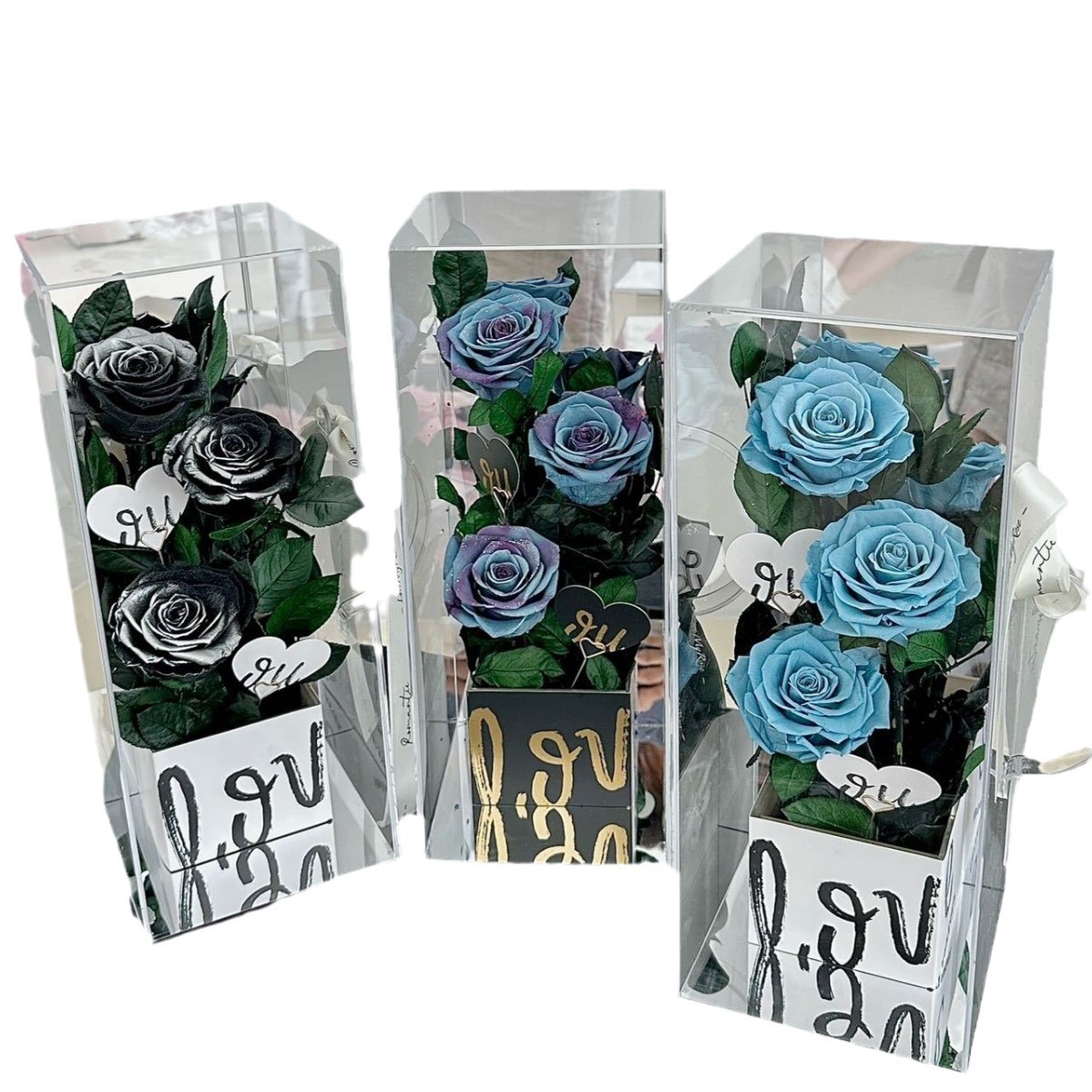 Día de San Valentín flores eternas rosas acrílicas cajas de regalo acabados adornos para la novia esposa regalos de flores reales