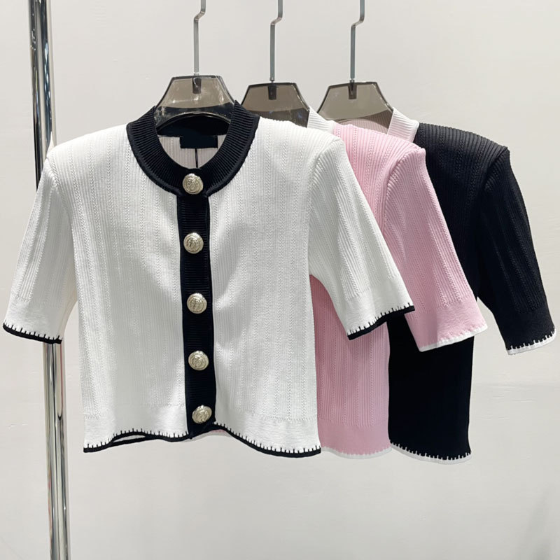 Balmain Crochet Big Button Summer New Contrast Color Round Neck Single-breasted Short-sleeved Sweater Cardigan Top Women