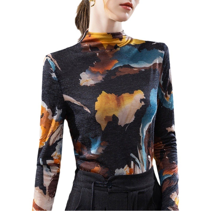 Camisa de fondo de cuello alto para mujer 2023 nueva camiseta de manga larga impresa Vintage para mujer temperamento Cintura interior superior ajustada image 1