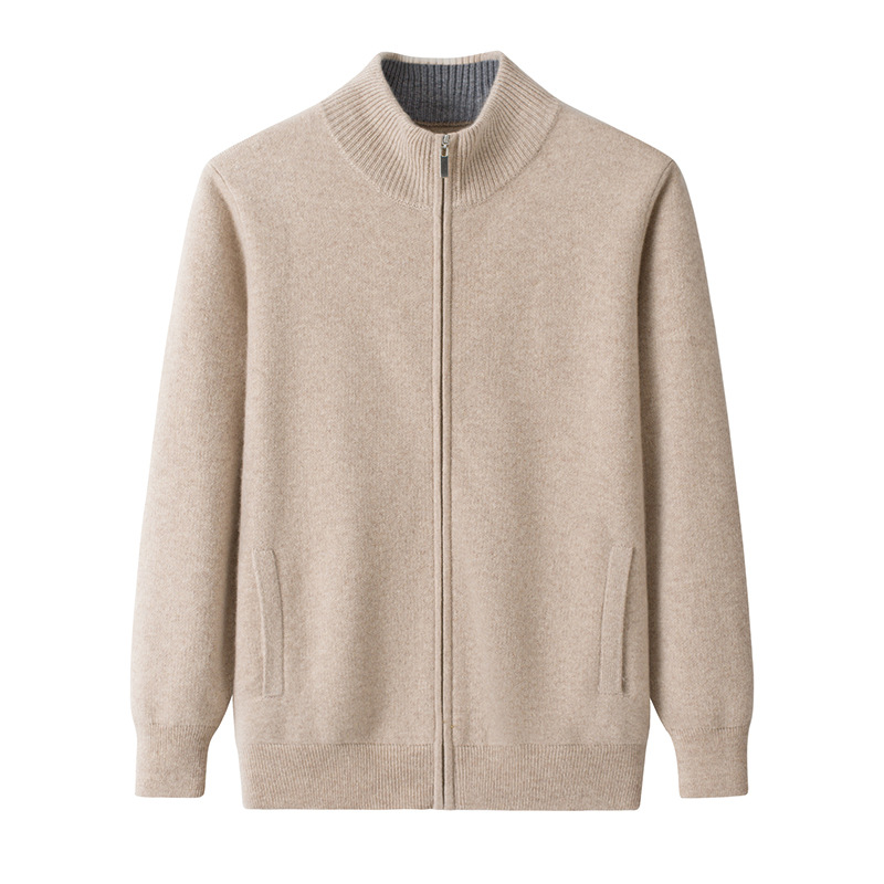 Men's Pure Cashmere 12-Stitch Double-Lapel Thick Cardigan with Zipper Collar, Convertible, Color-Matched Side Pockets Sweater Jacket