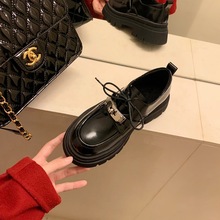 真皮粗跟锁扣乐福鞋批发2024春秋新款厚底系带小皮鞋英伦风松糕鞋