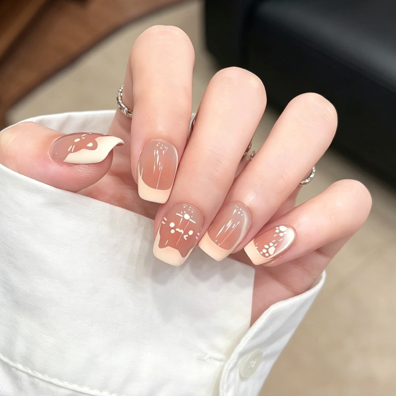Cai Ta - [Cute Pet Fun Kitty] Purely Handmade Milky White Gradient Cute Nail Stickers Elegant French Manicure Stickers Finished Product
