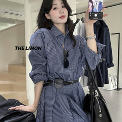 thelimon柠檬绿茶设计感收腰衬衫连衣裙女2025秋季新款小个子短裙