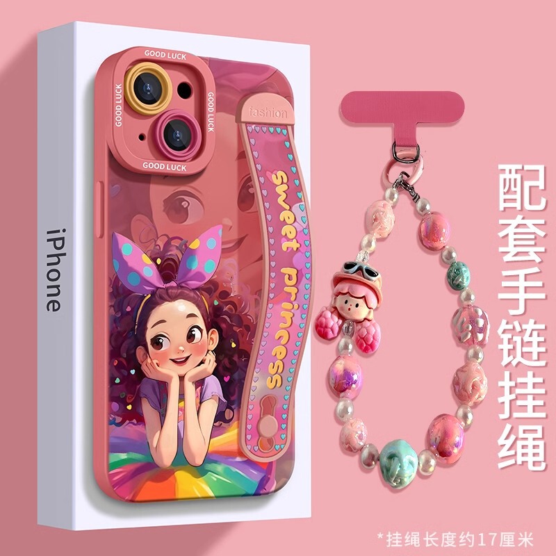 Pink Princess Apple 15Pro Max Mobile Phone Case New Arrival with Wristband Stand 16Plus Purple 16Pro Cute