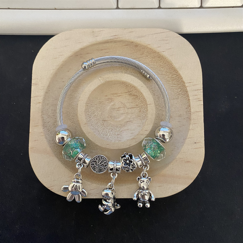 Pulsera de Acero Inoxidable Panjia Dora con Corazón y Oso, Pulsera Abierta con Cuentas para DIY, Joyería de Estilo Fresco, Éxito de Ventas en Amazon