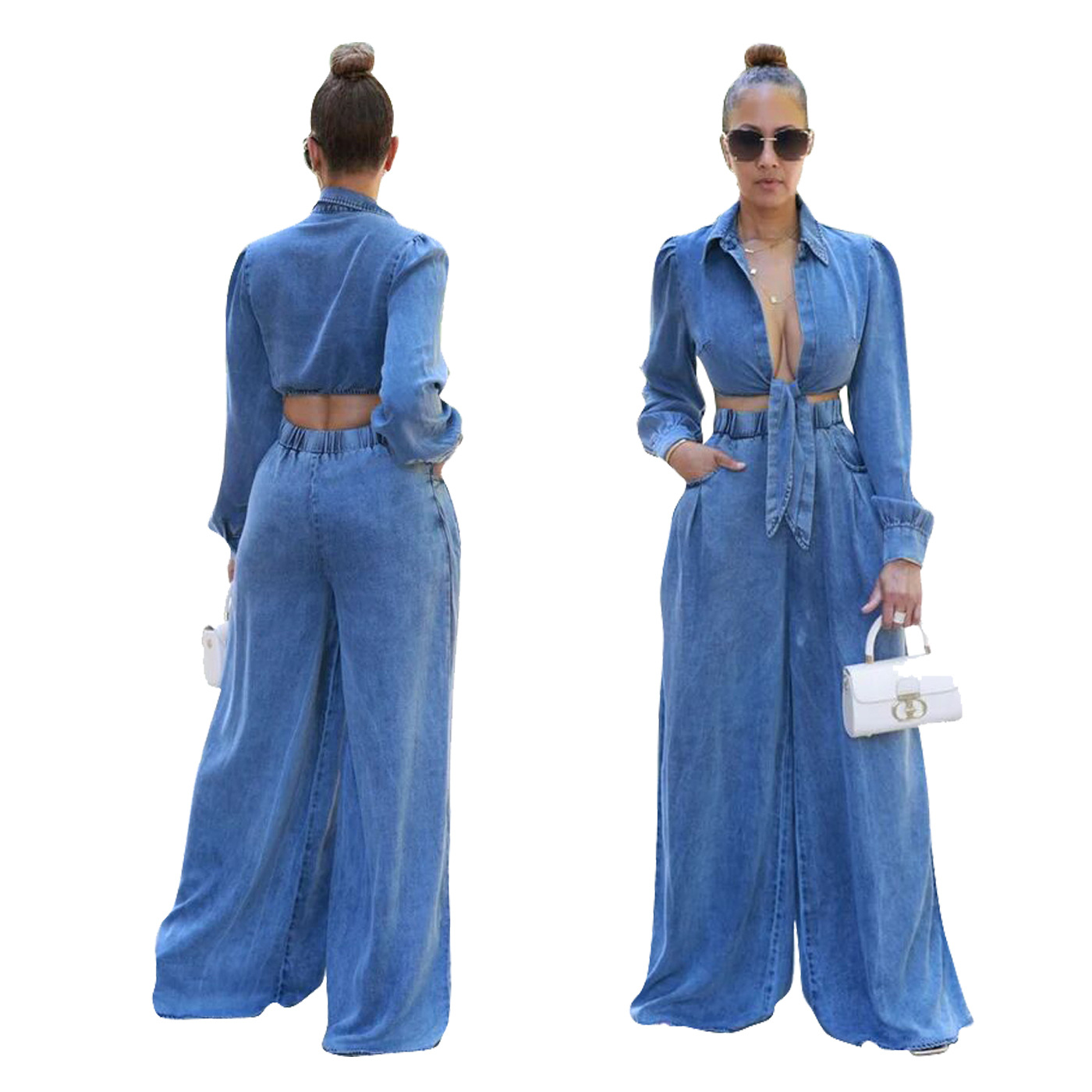 Damenbekleidung neuer lässiger Jeansanzug mit weitem Bein für Damen_voghion.com