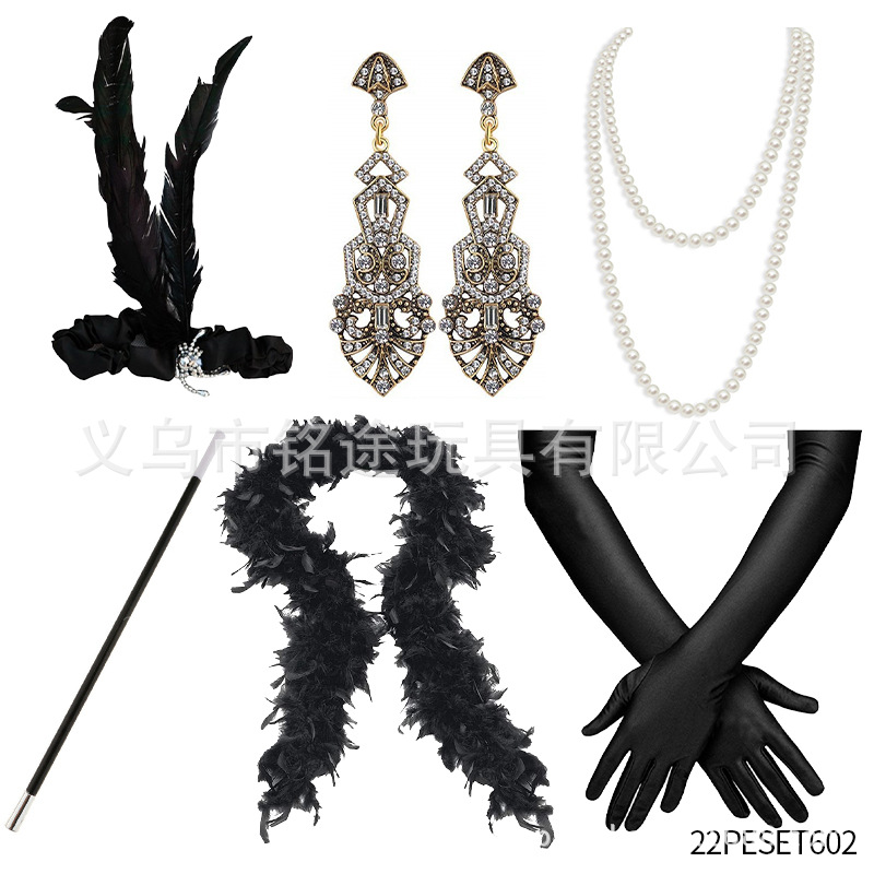 1920s Flapper niña ropa venda roja lana raya collar guantes cigarrillo varilla traje negro lana raya