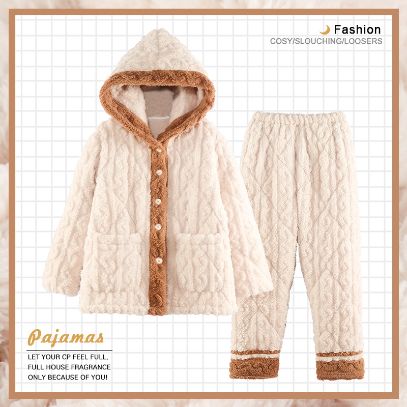 Jiao Caimeng pijamas de pareja de invierno coral polar de tres capas acolchadas engrosadas franela de hombres y mujeres estilo coreano Otoño e Invierno