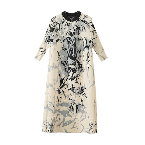 Spring Fashion Style Dress, Trendy Long Sleeve 2026 New Spring Retro Print Shake Shake Pleated Dress