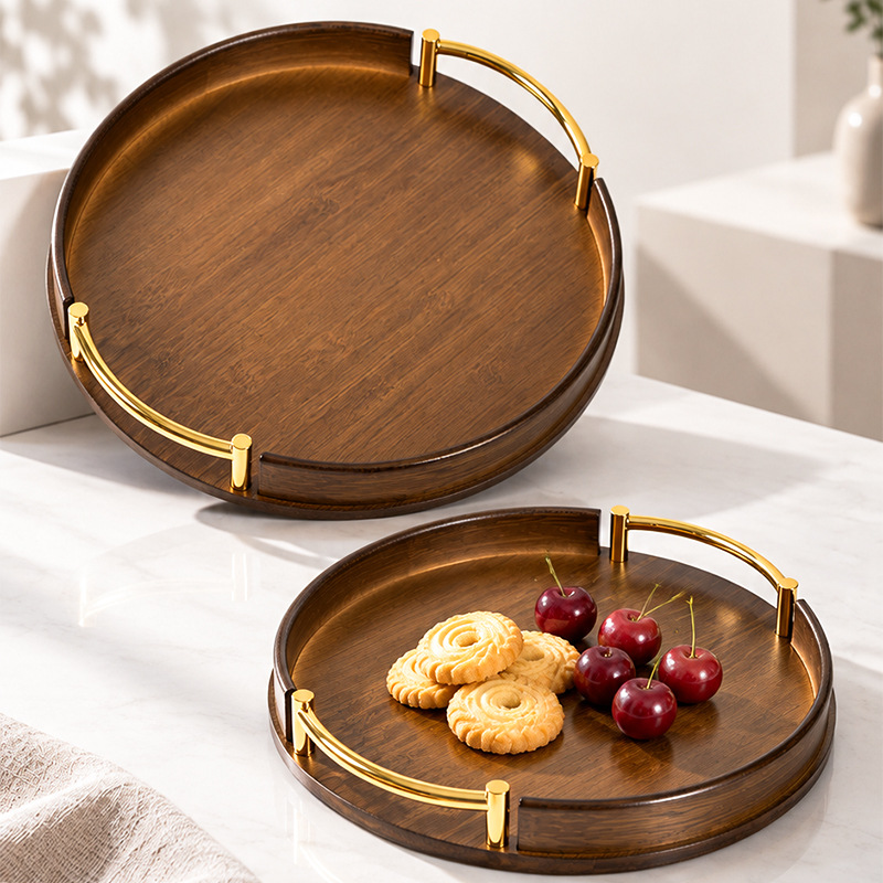 Bandeja Redonda con Asa para Té de Bambú, con Mango Circular, para Uso Doméstico y Cafetería