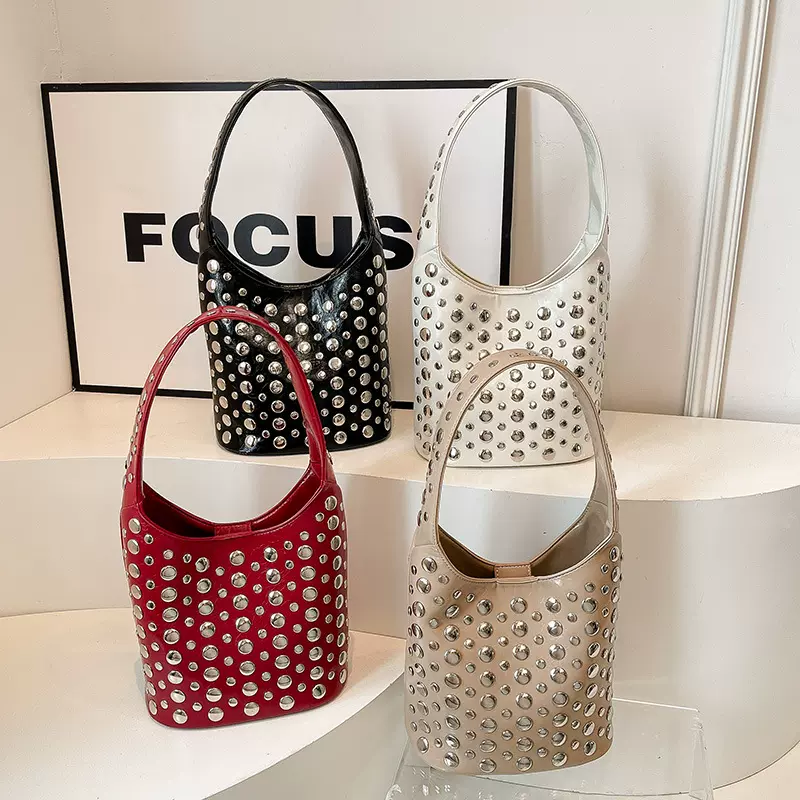 2025跨境bags铆钉女包欧美复古时尚单肩包ins新款手提绣线水桶包