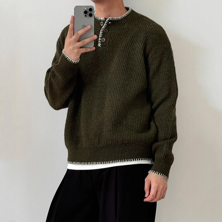 Cleanfit American Henley Collar Knitwear Men's Autumn and Winter High-Bottom Lazy Style Knitwear with Bottoming Shirt