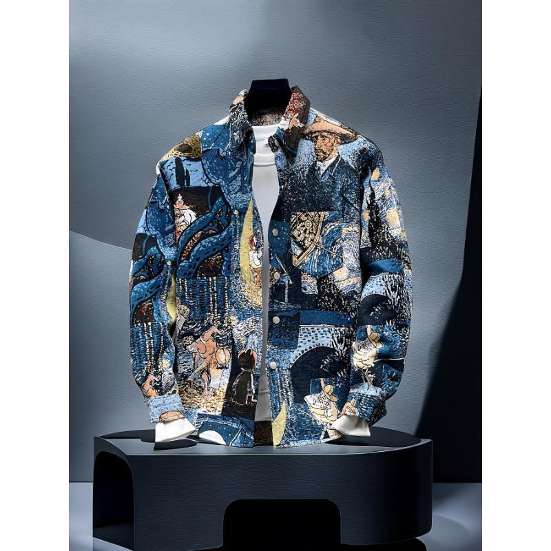 2025新款跨境代发修身长袖男士衬衫夹克3D数码服装印花牛仔布220G