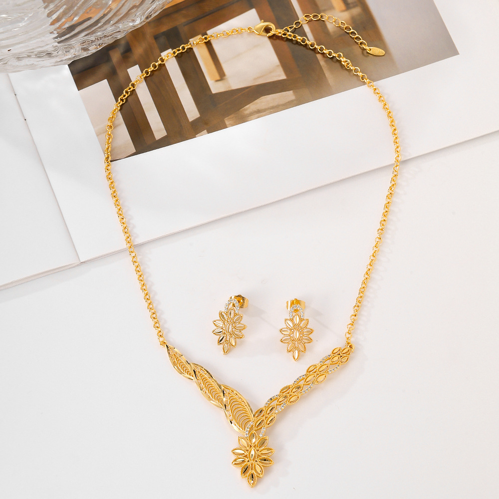 Hermosos conjuntos de collares de orejas de bronce para mujeres, joyas de piedra, dos piezas, opciones transfronterizas de moda, joyas de estilo de Oriente Medio