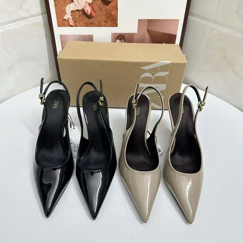 Za Spanish Style Gray Pointed Toe Mid-Heeled Shoes New Style Shallow Mouth Simple Cut Out Back Strap Back Hollow Shoes for Women