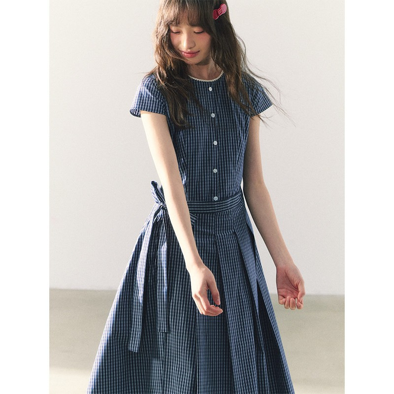 Canned Goods Store Summer Girl Simple Bow Tie Design Dress Plaid Tie Short Sleeve Long Dress