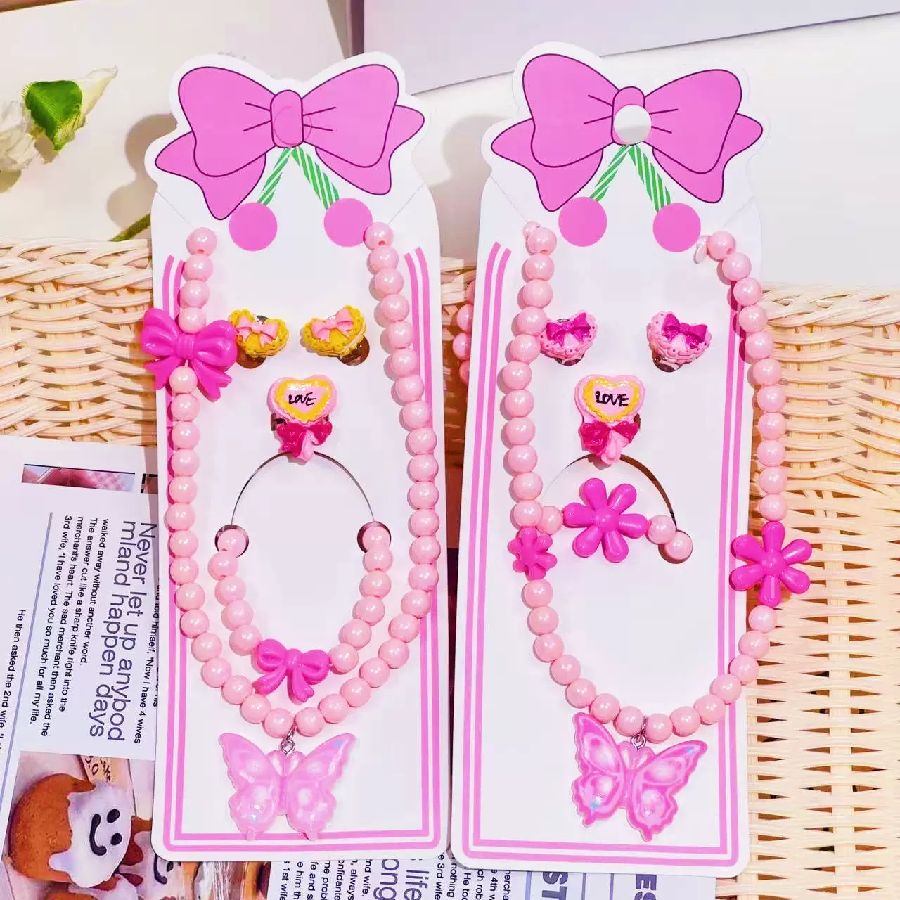 儿童项链大号蝴蝶结韩版仙女珍珠首饰挂坠 耳环手链戒指5件套批发