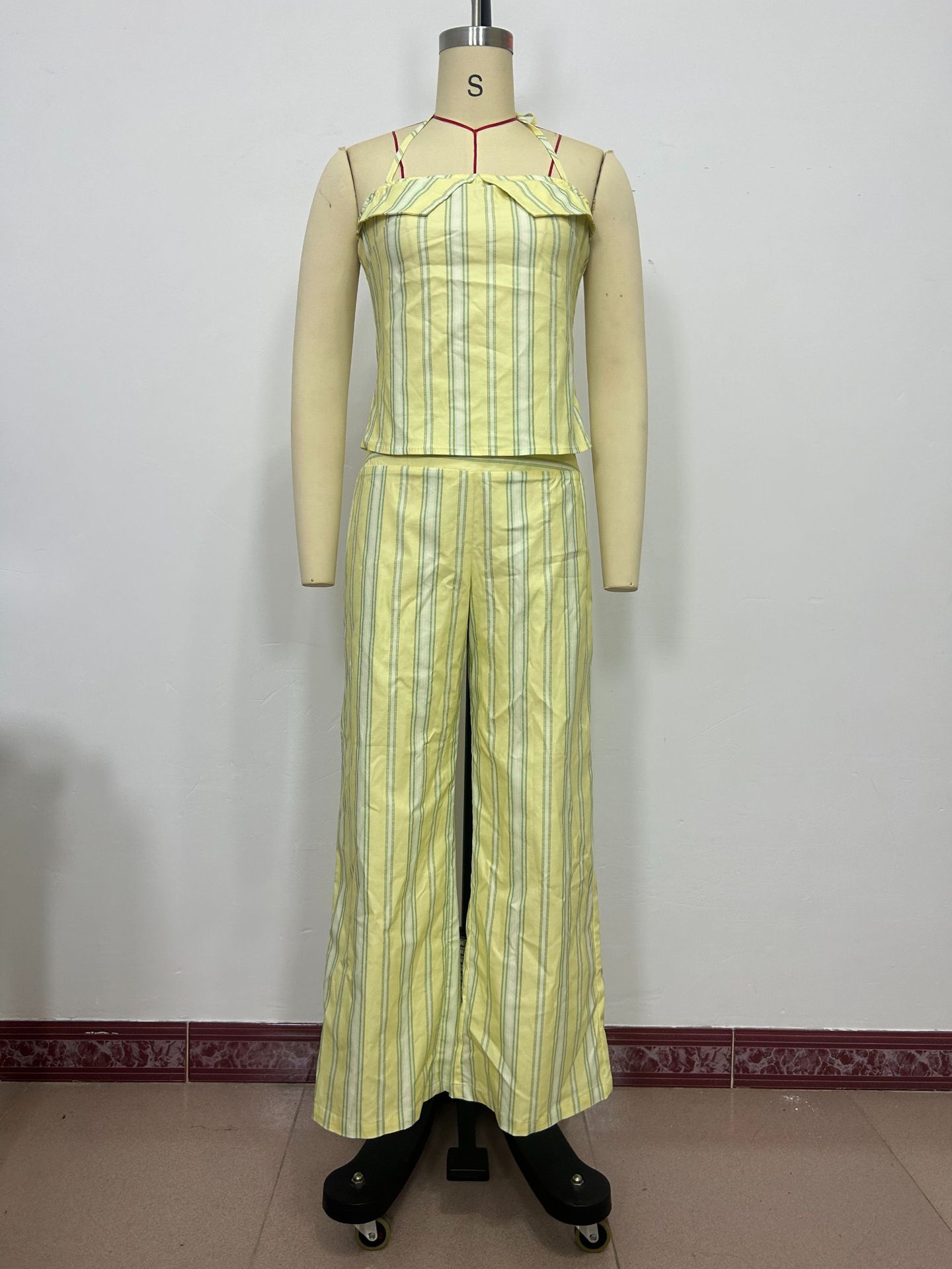 Women's Halter Neck Striped Lounge Set With Tie-Waist Top And Wide-Leg Pants | Soft Summer Loungewear_ecoleips.com