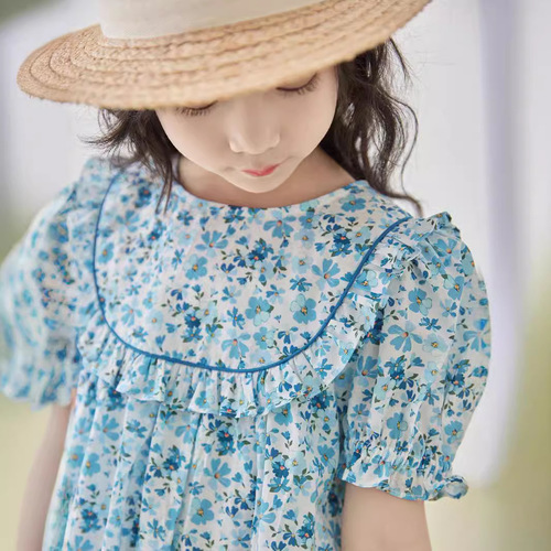 Girl's Spring and Summer New Blue Floral Dress with Korean Style Round Neck Sweet Bouquet Sleeve Princess Dress