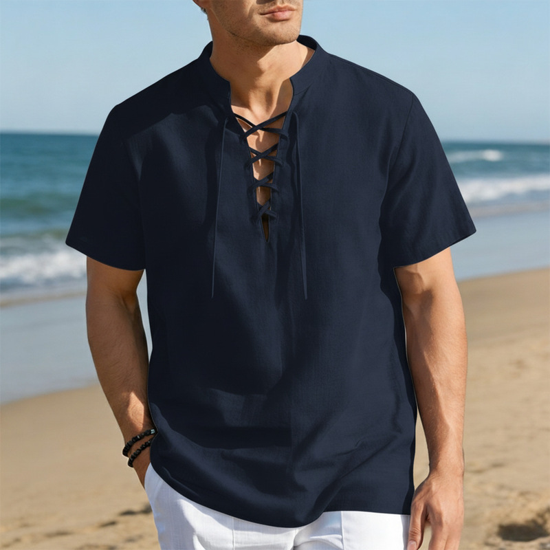 2026 Cross-Border Amazon Wish eBay New Men's Vintage Casual Lace-Up Henley Collar Short Sleeve Shirt 2026 Cross-Border Amazon Wish eBay New Men's Vintage Casual Lace-Up Henley Collar Short Sleeve Shirt