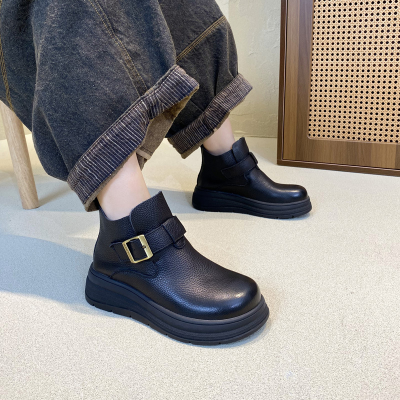特价推荐皮带扣真皮短靴及踝靴2024秋季新款厚底圆头低筒靴妈妈鞋
