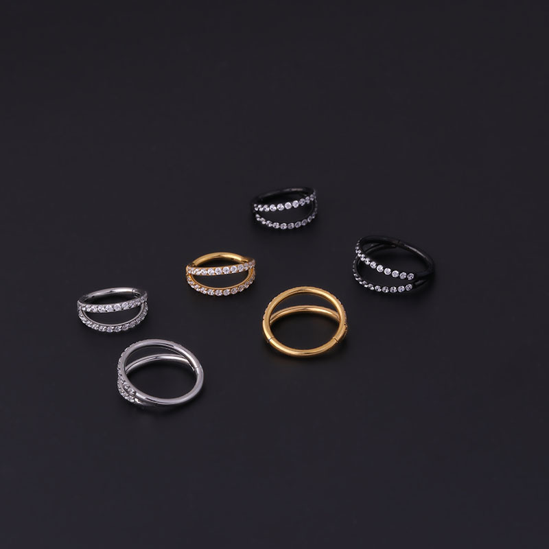 Stainless Steel Double Row Carved Zircon Seamless Closed Nose Ring Puncture Nose Studs