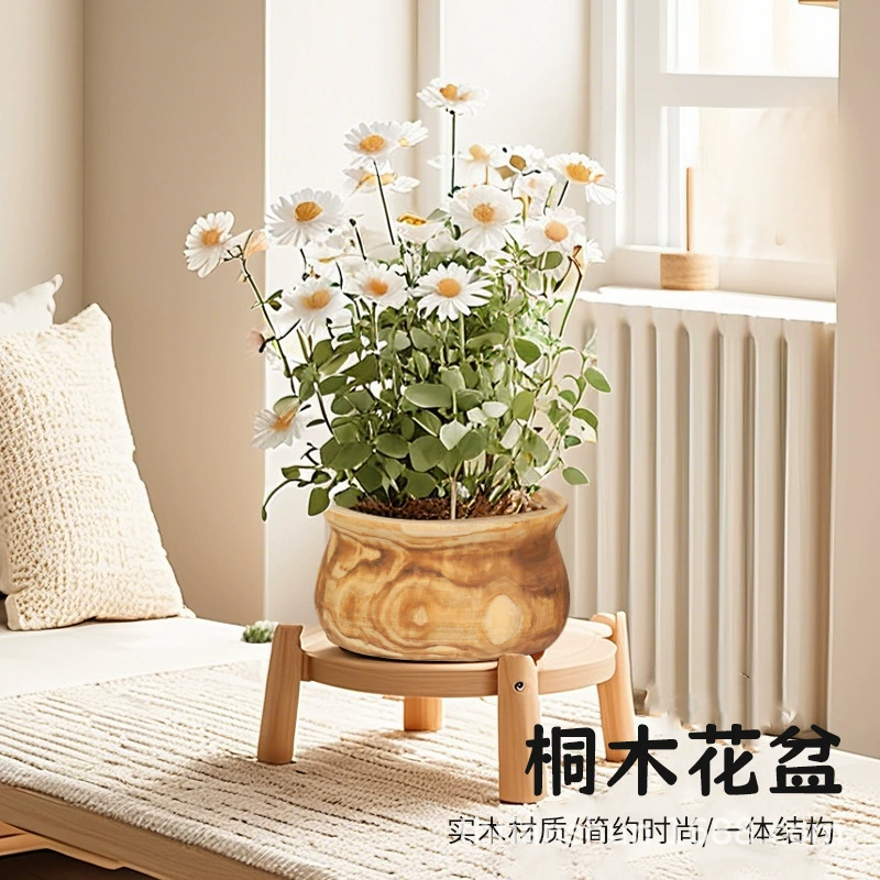 Большой деревянный цветочный горшок для украшения интерьера, натуральное дерево павловнии, цветочный орнамент в стиле ваби-саби.