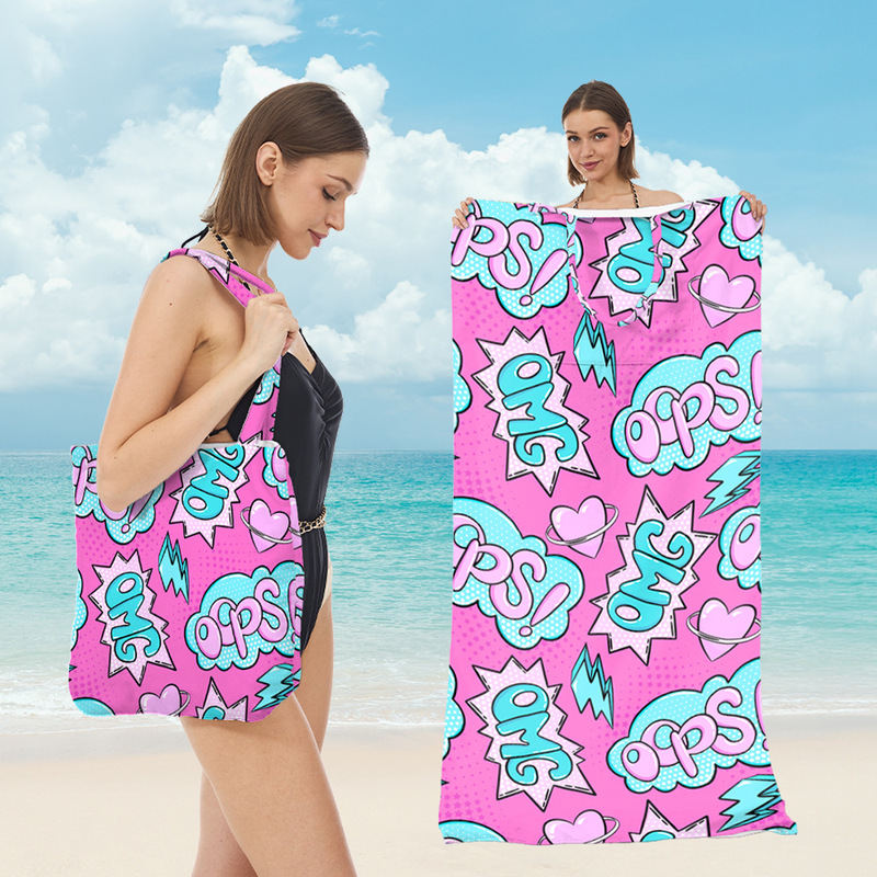 Two-In-One Beach Towel All-In-One Shoulder Bag Seaside Foldableing Beach Towel Multifunctional Shoulder Bag Printed Wool Bath Towel