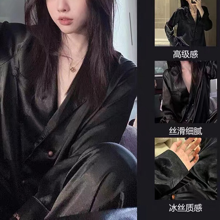 Women's Pajamas for Spring and Autumn, Herringbone Twill, Three-Color, Long-Sleeve, Long-Pants, Turn-Down Collar, Light Luxury Style, Trendy, Foreign Trade, Cross-Border Loungewear