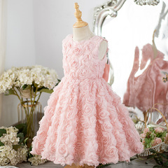 兒童周歲禮服女寶寶花童公主演出服粉色蝴蝶結立體玫瑰花連衣裙夏