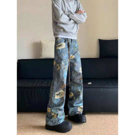 美式个性设计感男士机能痞帅修长直筒裤潮牌韩版高级感拼色牛仔裤