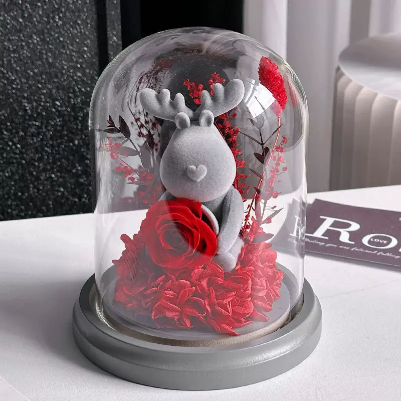 永生花玫瑰玻璃罩植绒熊新年情人节生日礼物送女友表白成品摆件