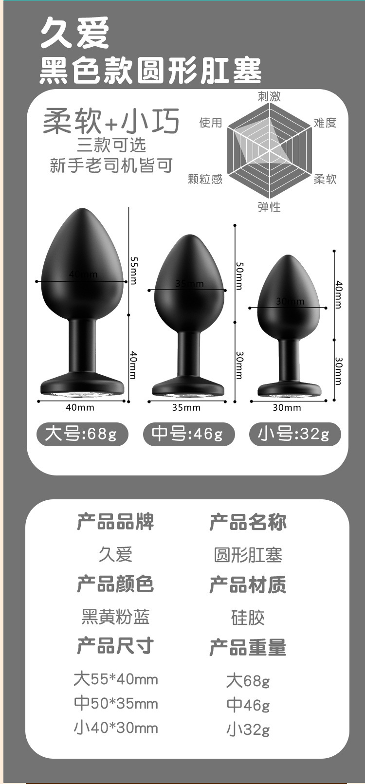 Anal Plug with Tail Design, Soft Gel, Black, Small Round Base — detail image 23