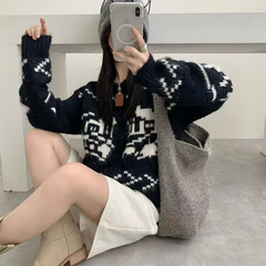 【原创设计】新品毛衣外套秋冬女装高级感宽提花拉链针织开衫上衣