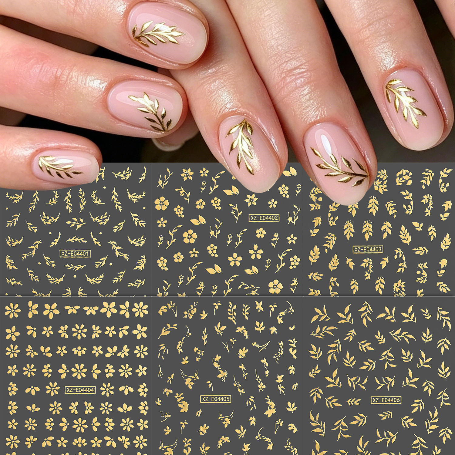 Cross-border 6-piece gold and silver willow leaf nail art stickers, flat adhesive, waterproof, DIY planner tree branch decorative stickers