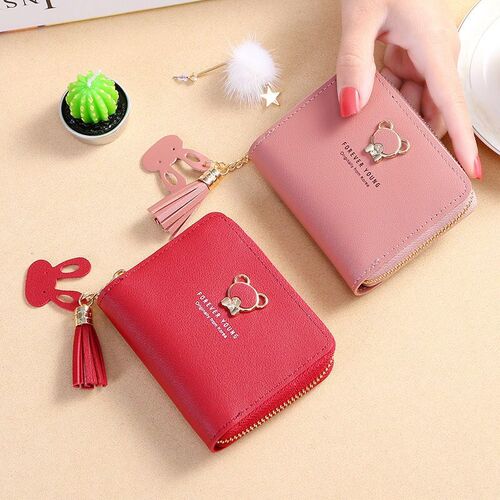 Japanese and Korean version tassel small wallet women's short cute bear zipper student coin purse mini small bag card holder