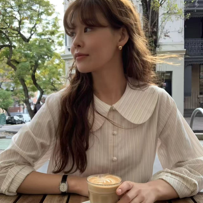Korean Style Cute Age-Reducing Doll Collar Striped Shirt for Women Korean Style Loose Long-Sleeved Shirt Autumn Wear Top
