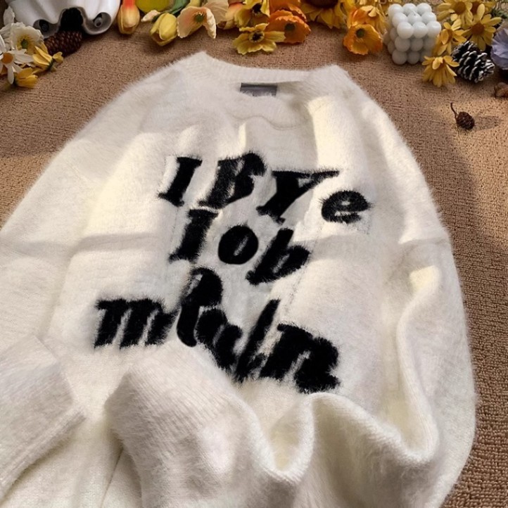 冬季宽松字母貂毛绒毛衣学生复古慵懒加厚套头圆领针织衫上衣外套