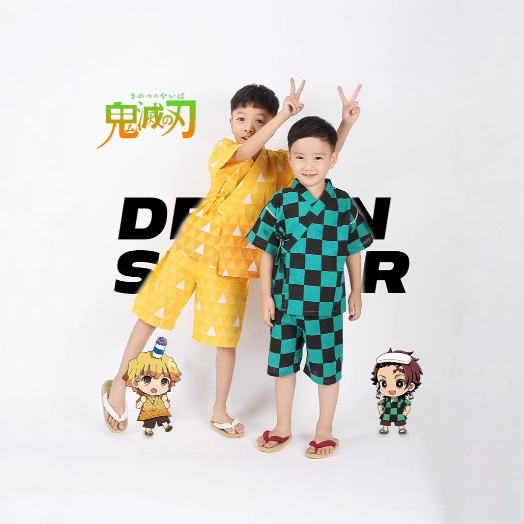 鬼灭之刃衣服成人儿童甚平睡衣套装黄色绿色粉色纽扣款 甚平款