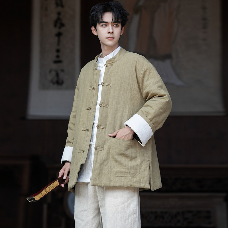 亚麻棉袄男中国风冬季加棉加厚棉衣新中式棉麻唐装大码棉服外套男
