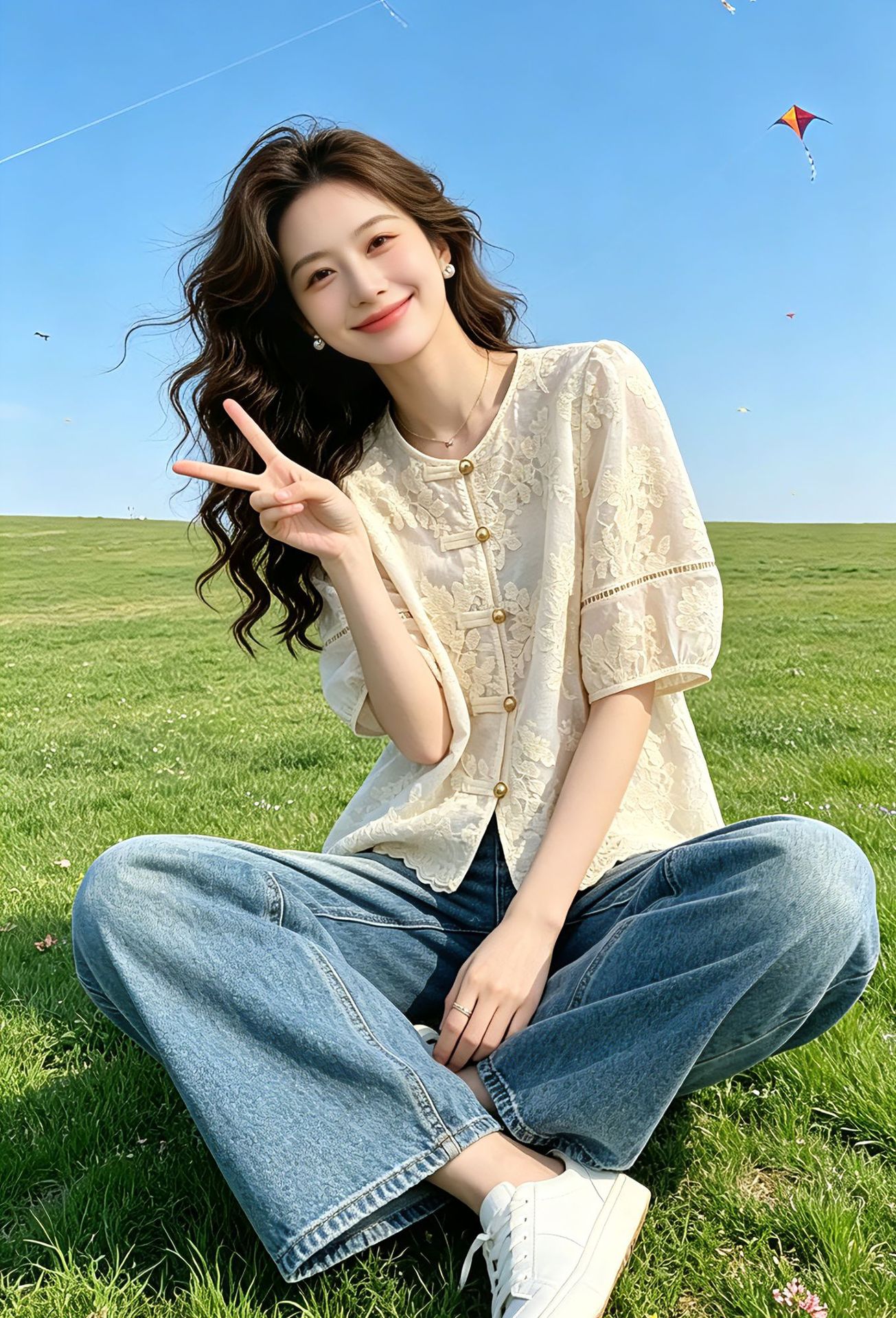 Áo sơ mi nữ tay ngắn phong cách Trung Quốc nút thắt ren, dáng rộng basic — màu sắc chi tiết 1