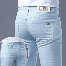 欧货高端潮牌蓝色牛仔裤男春夏新款修身小脚弹力时尚休闲男裤子